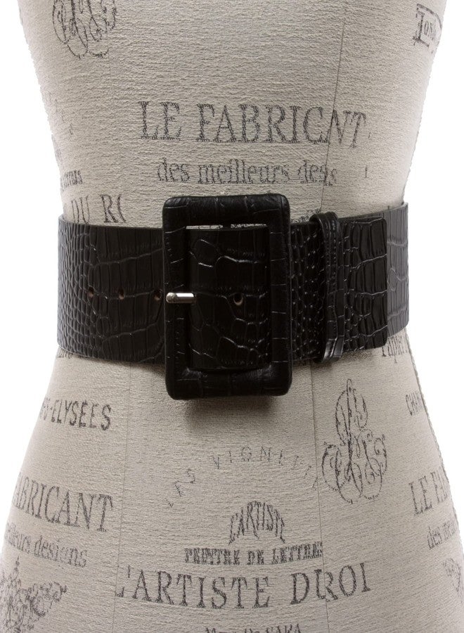 Beltiscool Women's 2 1/4" Wide High Waist Croco Print Full Grain Leather Fashion Square Belt, Black | M/L-36 - Image 3